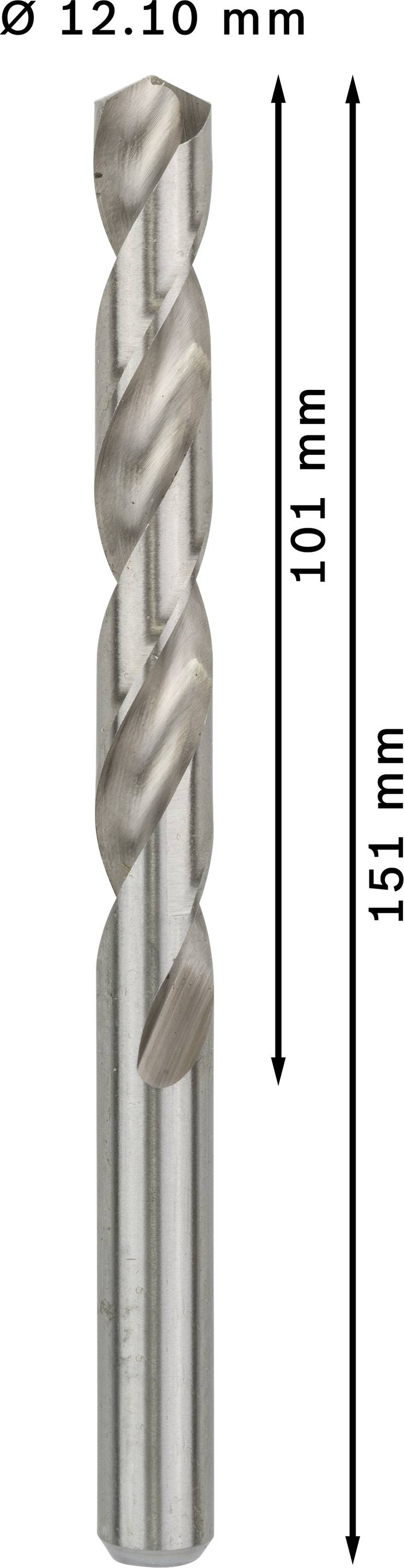 Kovový vrták s priemerom 12,10 mm a celkovou dĺžkou 151 mm. Dĺžka špirály je 101 mm.