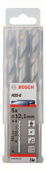 Balenie s piatimi kovovými vrtákmi Bosch HSS-G, priemer 12,1 mm, dĺžka 151 mm, vhodné pre obrábanie kovu podľa normy DIN 338.