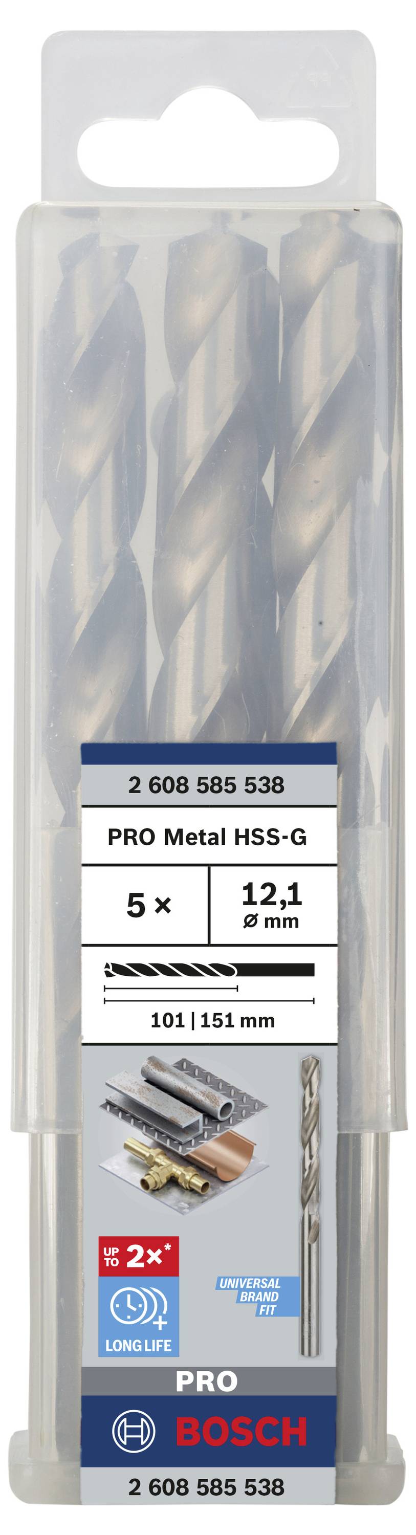 Balenie s piatimi kovovými vrtákmi od Bosch, veľkosť 12,1 mm. Produktové číslo 2 608 585 538. Zobrazenie detailov vrtákov a logo značky.