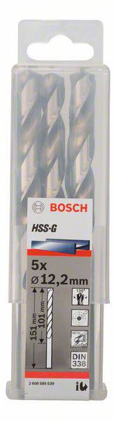 Balenie s 5 HSS-G vrtákmi Bosch, priemer 12,2 mm, dĺžka 151 mm, podľa normy DIN 338.