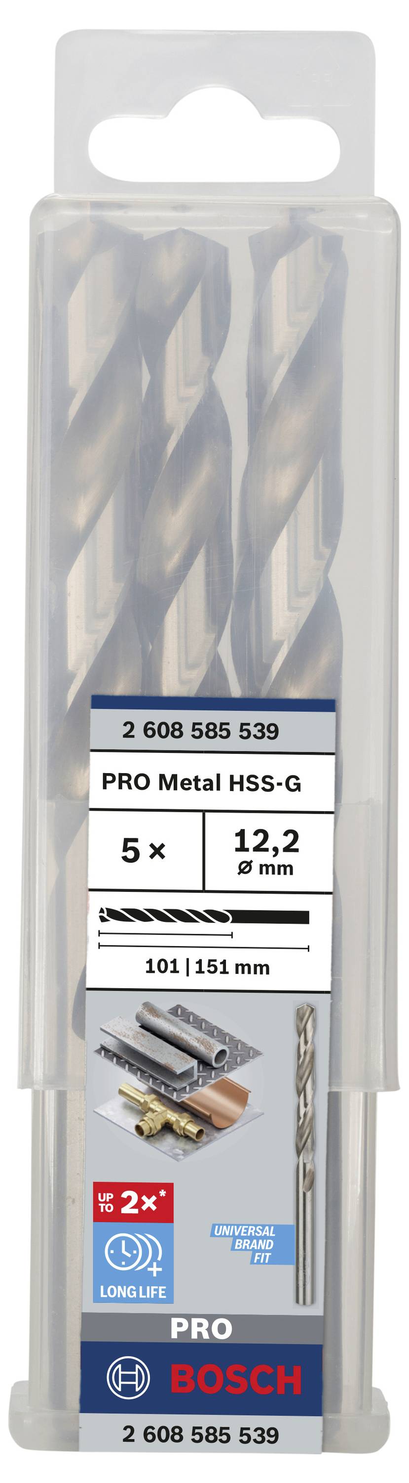 5-dielna sada Bosch HSS-G vrtákov do kovu, priemer 12,2 mm, dlhotrvajúce, v plastovom boxe. Zobrazené: vrtáky a kompatibilné materiály.