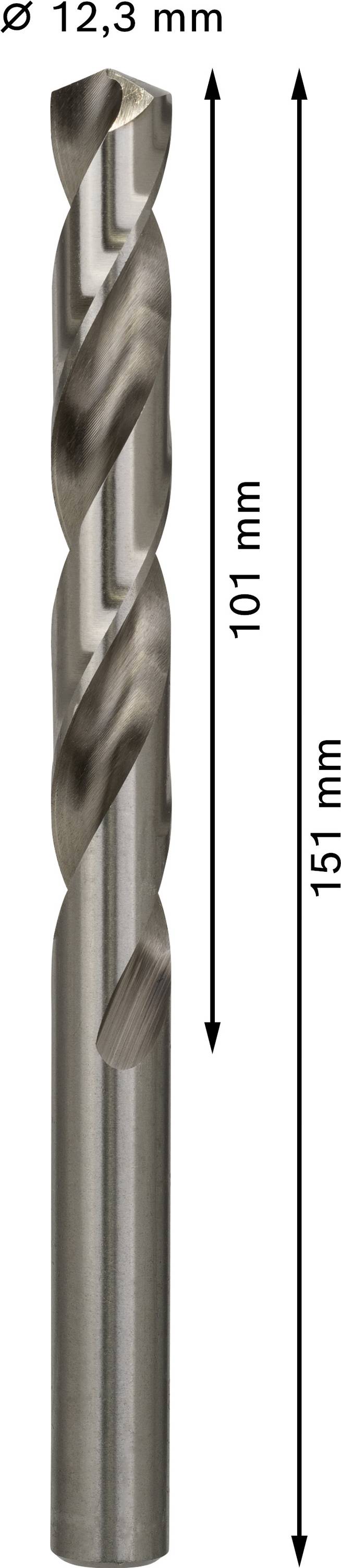 Vrták z kovu s dvoma údajmi dĺžky: 101 mm a 151 mm. Priemer je 12,3 mm.