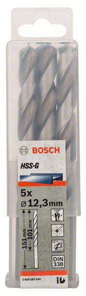 Sada vrtákov do kovu Bosch HSS-G, 5 kusov, priemer 12,3 mm, v priehľadnom plastovom kufríku.