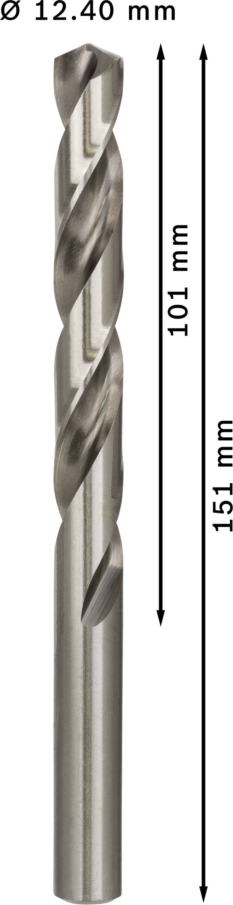 Vrták s priemerom 12,40 mm, celková dĺžka 151 mm, dĺžka reznej časti 101 mm.