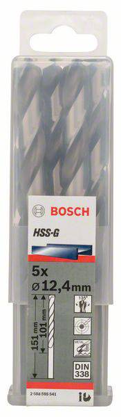 Sada vrtákov Bosch, 5 kusov, HSS-B, priemer 12,4 mm, dĺžka 151 mm, vhodná pre kov, plast, drevo.