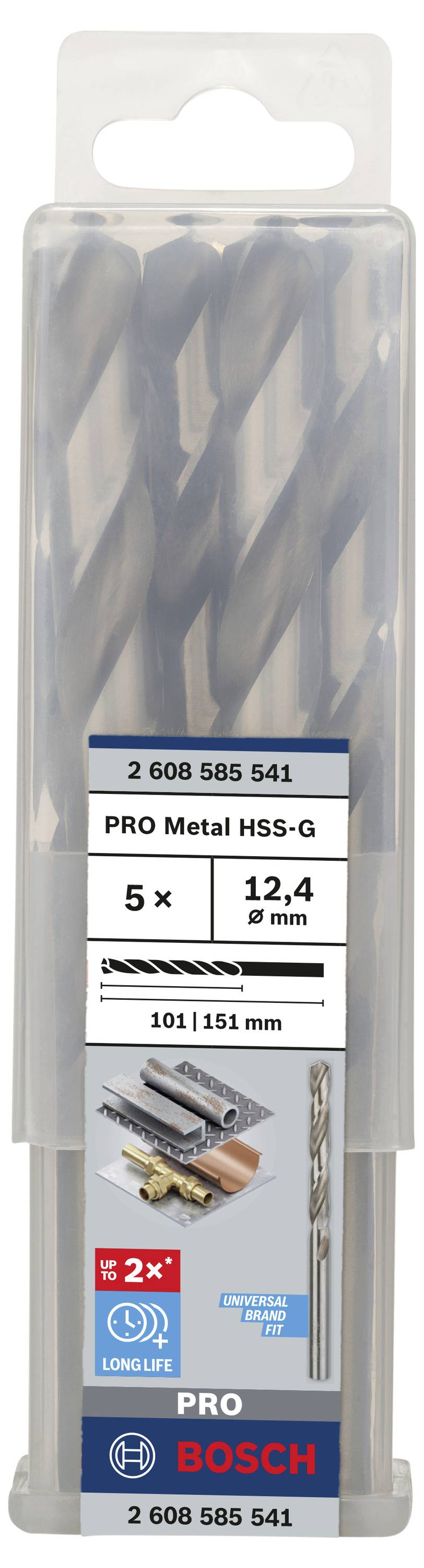 Sada s 5 kovovými vrtákmi Bosch PRO, veľkosť 12,4 mm, dĺžka 101 mm. Vhodné na vŕtanie do kovu, dlhotrvajúce. Katalógové číslo: 2 608 585 541.