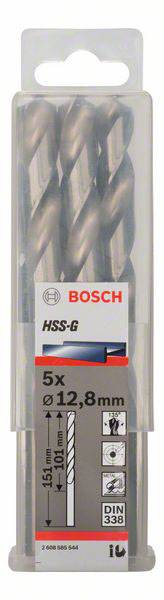 Sada vrtákov Bosch HSS-G, 5 kusov, priemer 12,8 mm, dĺžka 151 mm, vhodná na obrábanie kovu, balená v plastovom obale.