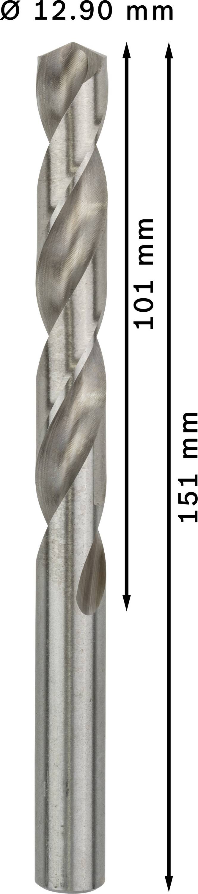 Kovový vrták Ø 12,90 mm, dĺžka 151 mm, dĺžka špirály 101 mm.