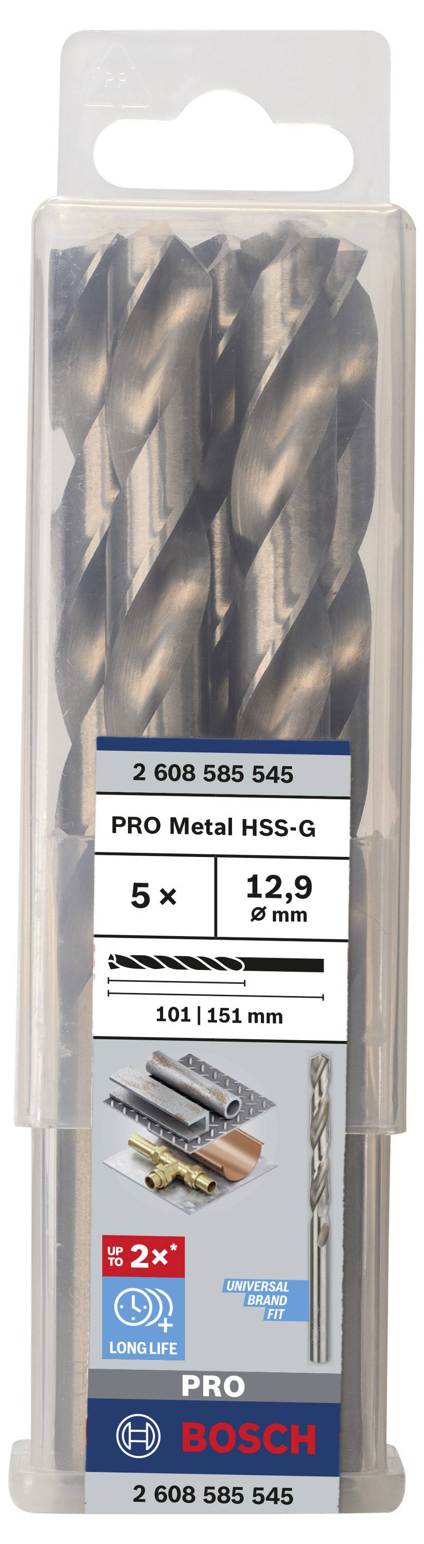 Balenie s 5 Bosch PRO kovovými vrtákmi, veľkosť 12,9 mm, z materiálu HSS-G pre vysokú životnosť.