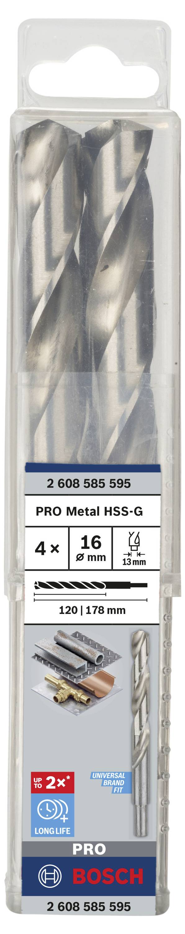 Sada vrtákov so štyrmi HSS-G kovovými vrtákmi, priemer 16 mm. Vhodné pre kov. Značka: Bosch. Veľkosť balenia: 120 x 178 mm.