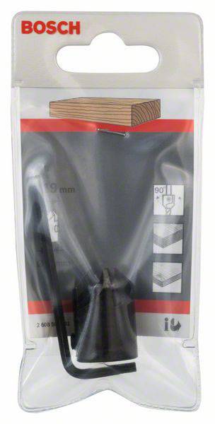 Vŕtacia hlava balík od Bosch, kompatibilný so spracovaním dreva, obsahuje vŕtaciu hlavu a šesťhranný kľúč. Balenie zobrazuje symbol vŕtania do dreva.