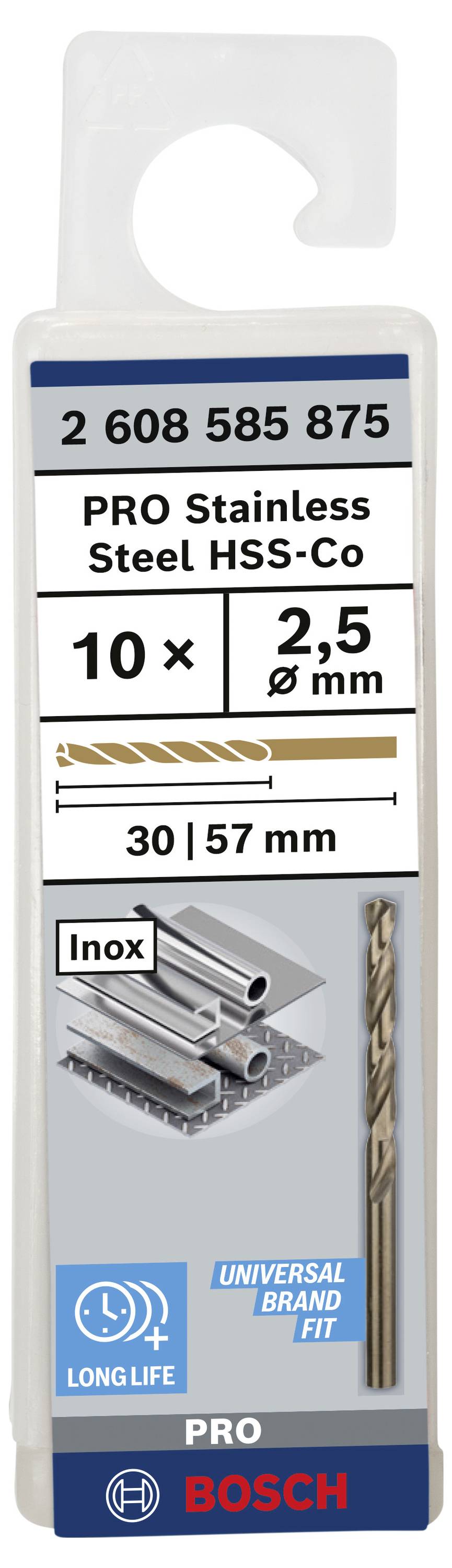 Sada vrtákov s 10 HSS-Co kovovými vrtákmi, priemer 2,5 mm, dĺžka 30/57 mm. Vhodné pre nerez. Značka Bosch, dlhotrvajúce.