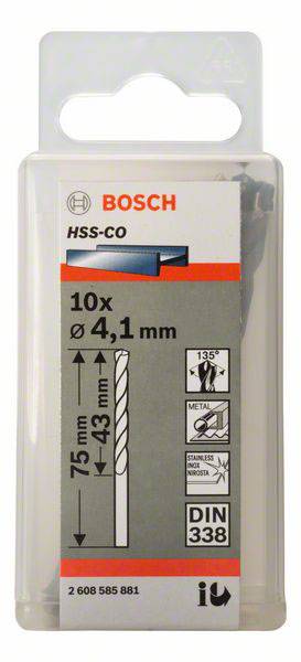 Sada vrtákov Bosch, 10 kusov, veľkosť 4,1 mm, vhodné pre kov, dĺžka 75 mm, typ HSS-CO, kód produktu 2 608 585 881.