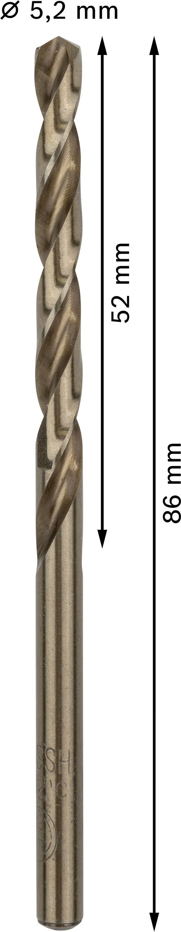 Kovový vrták so špirálovou formou, priemer 5,2 mm, celková dĺžka 86 mm, dĺžka špirály 52 mm, v bronzovom vzhľade.