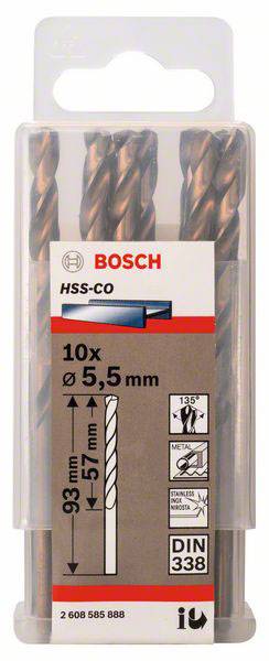 Balenie Bosch HSS-CO vrtákov, 10 kusov, priemer 5,5 mm, dĺžka 93 mm. Vhodné pre vŕtanie do kovu, špička 135°.