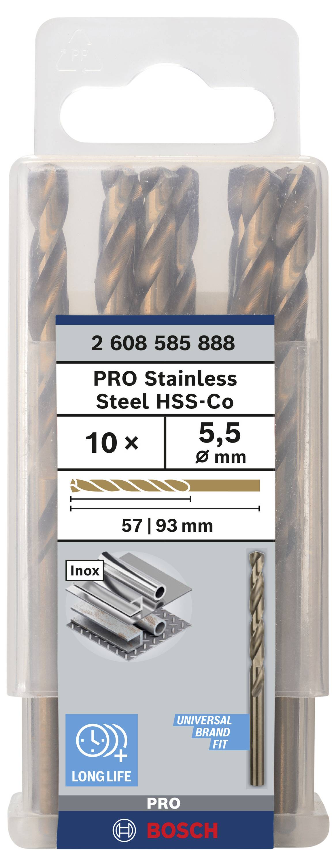 Sada vrtákov pre nehrdzavejúcu oceľ. Obsahuje 10 kusov, veľkosť 5,5 mm, dĺžka 57/93 mm. Značka: Bosch, model: PRO Edelstahl HSS-Co.