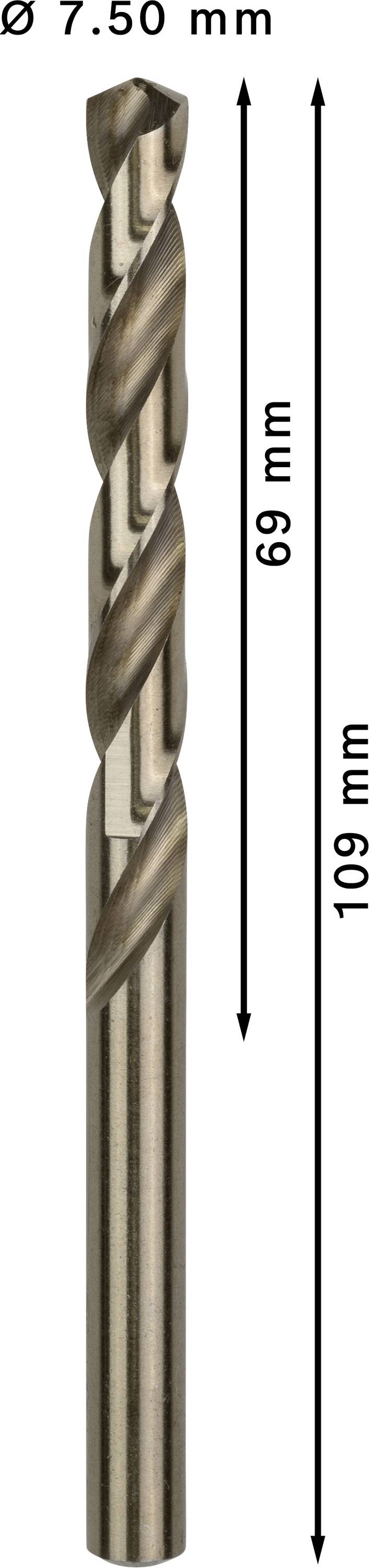 Vrták s priemerom 7,50 mm. Celková dĺžka 109 mm, použiteľná dĺžka 69 mm.