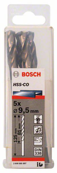 Päť HSS-CO špirálových vrtákov Bosch, veľkosť 9,5 mm, dĺžka 125 mm, pracovná dĺžka 81 mm, podľa normy DIN 338, v priehľadnom balení.