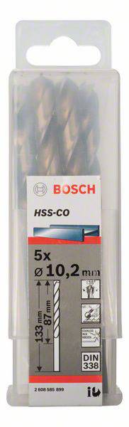 Balenie obsahuje päť HSS-CO vrtákov od Bosch, priemer 10,2 mm, dĺžka 133 mm, vhodné na obrábanie kovu, podľa normy DIN 338.