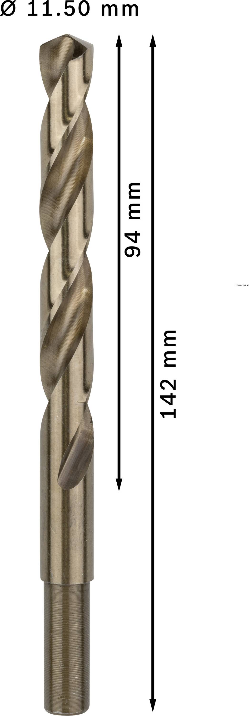 Vrták s priemerom 11,50 mm, dĺžka 142 mm, rezná časť 94 mm.