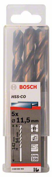 Balenie s piatimi vrtákmi Bosch HSS-CO, priemer 11,5 mm, dĺžka 142 mm, vhodné pre obrábanie kovu.