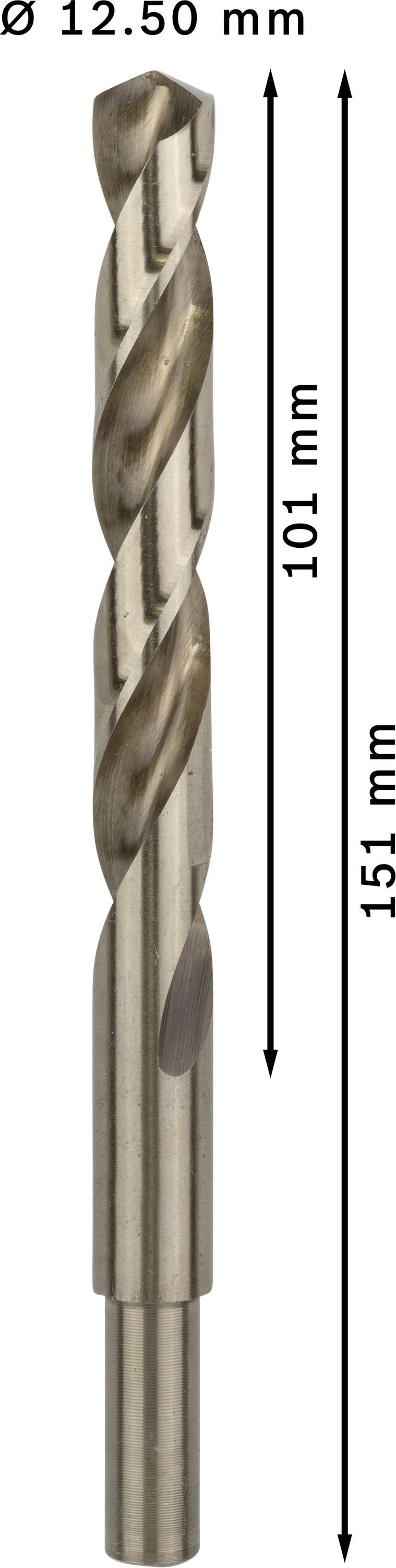'Vrták 12,50 mm priemer, dĺžka 151 mm, dĺžka nástroja 101 mm' zobrazuje špirálový vrták s údajmi o dĺžke.