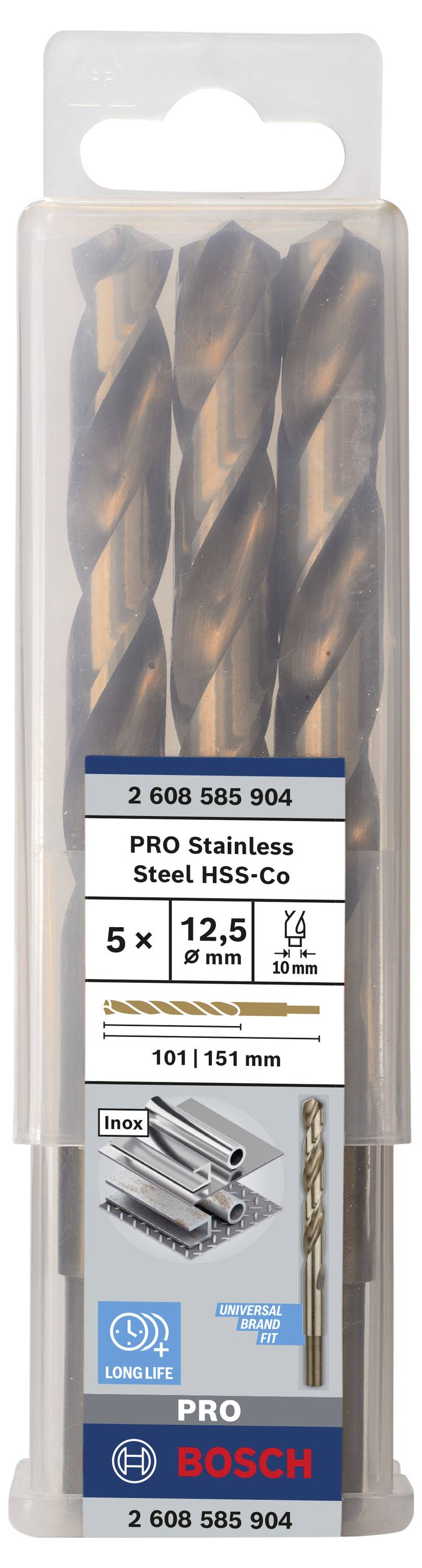 Balenie s piatimi kovovými vrtákmi Bosch HSS-Co, priemer 12,5 mm, vhodné pre nehrdzavejúcu oceľ.