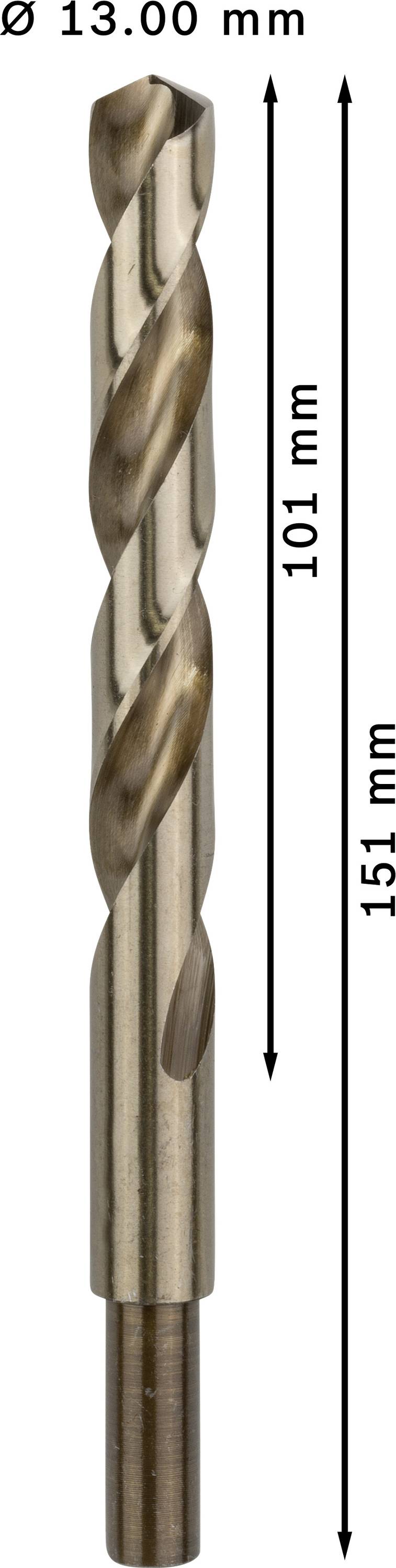 Kovový vrták z oceľovej zliatiny s dĺžkou 151 mm a priemerom 13 mm. Dĺžka vrtania je 101 mm.