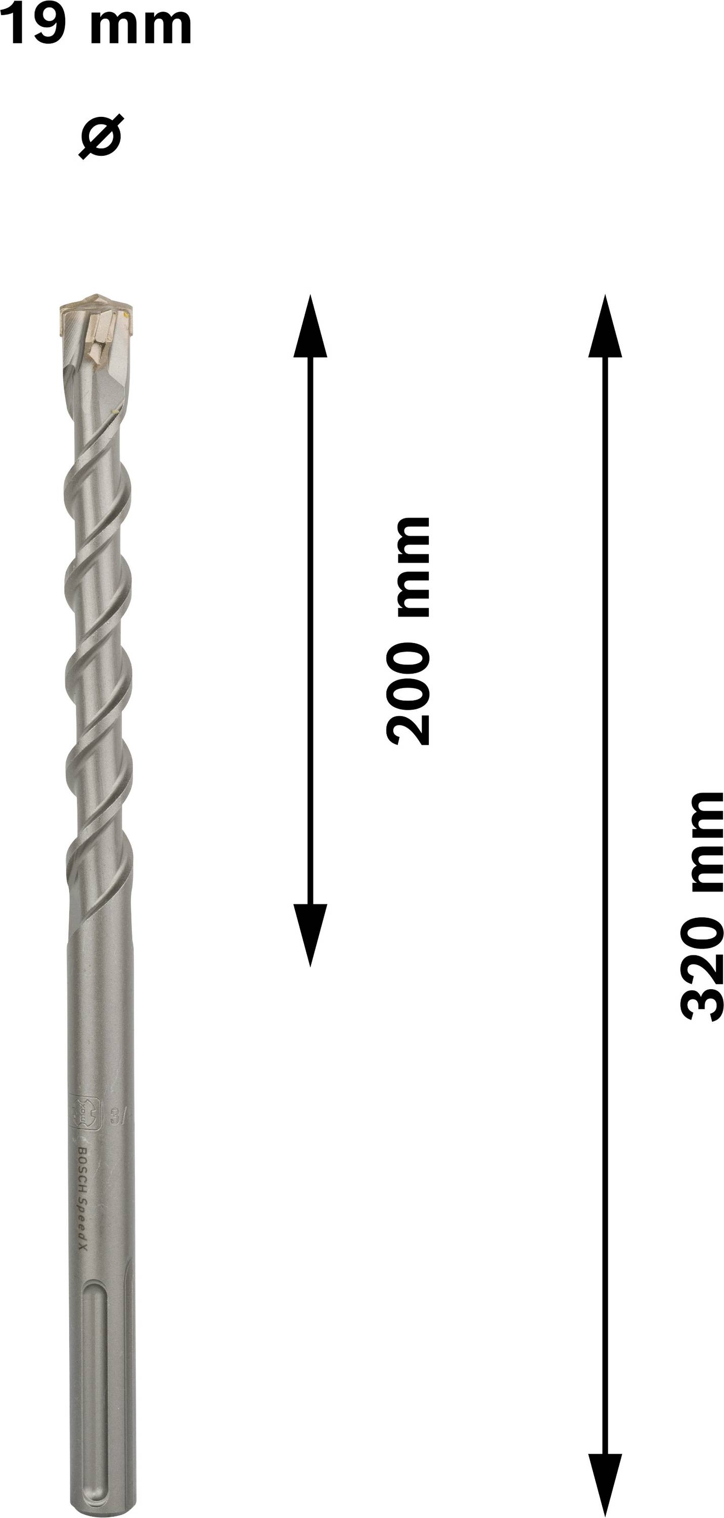 Vrták s priemerom 19 mm a dĺžkou 320 mm. Označenia ukazujú použiteľnú dĺžku 200 mm.