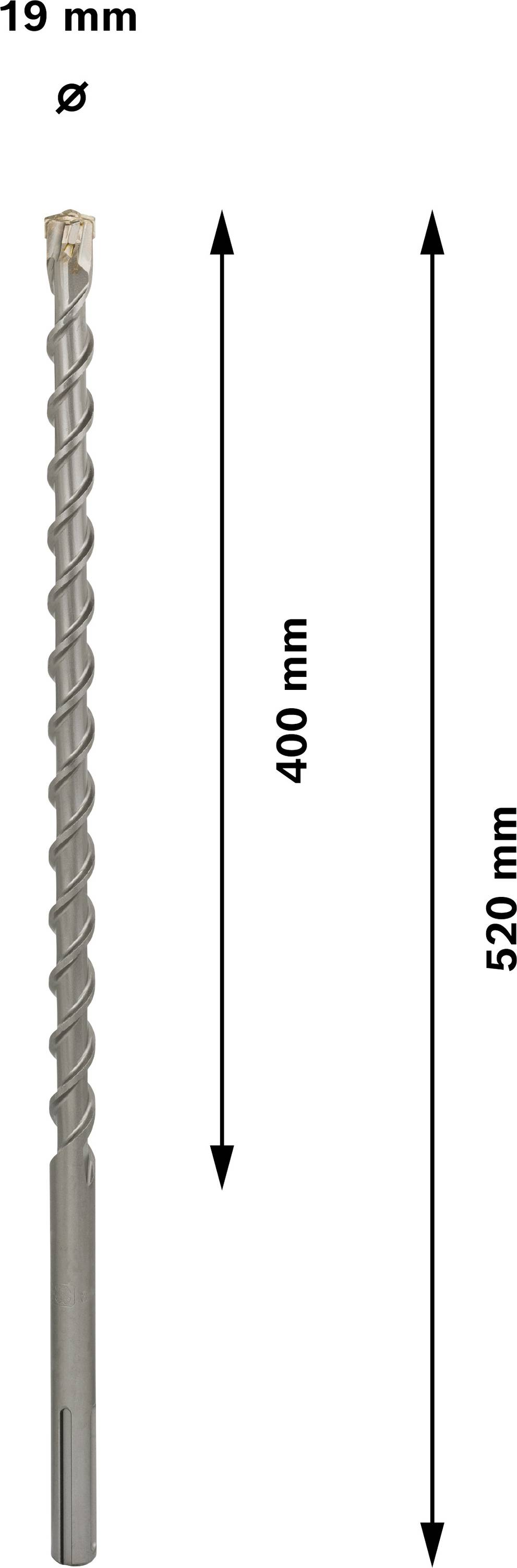 Dlhý vrták s dĺžkou 520 mm a priemerom 19 mm, pričom špirála je dlhá 400 mm.