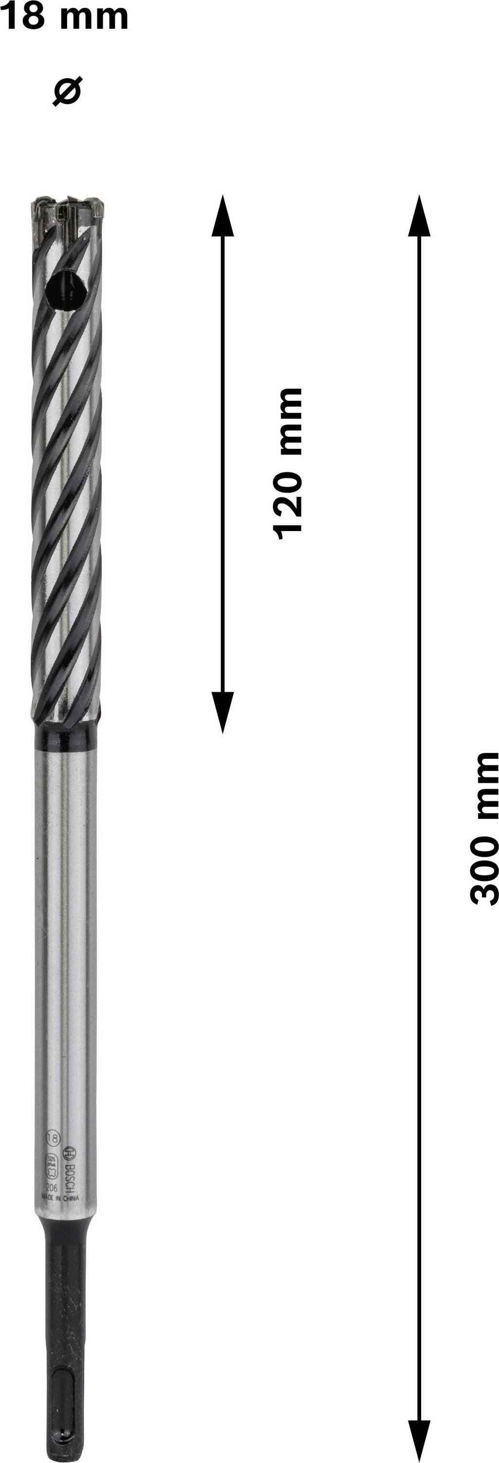 Vrták so špirálovou konštrukciou, priemer 18 mm, dĺžka 300 mm, použiteľná dĺžka 120 mm.