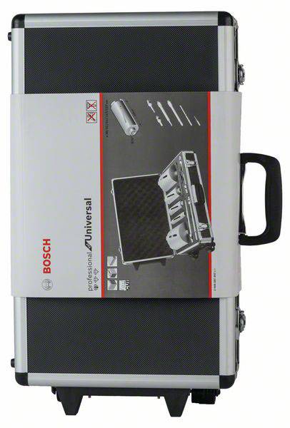 Čierny kufrík na náradie s rukoväťou, zobrazený s niekoľkými nástrojmi vo vnútri na obale. Značka 'Bosch'.