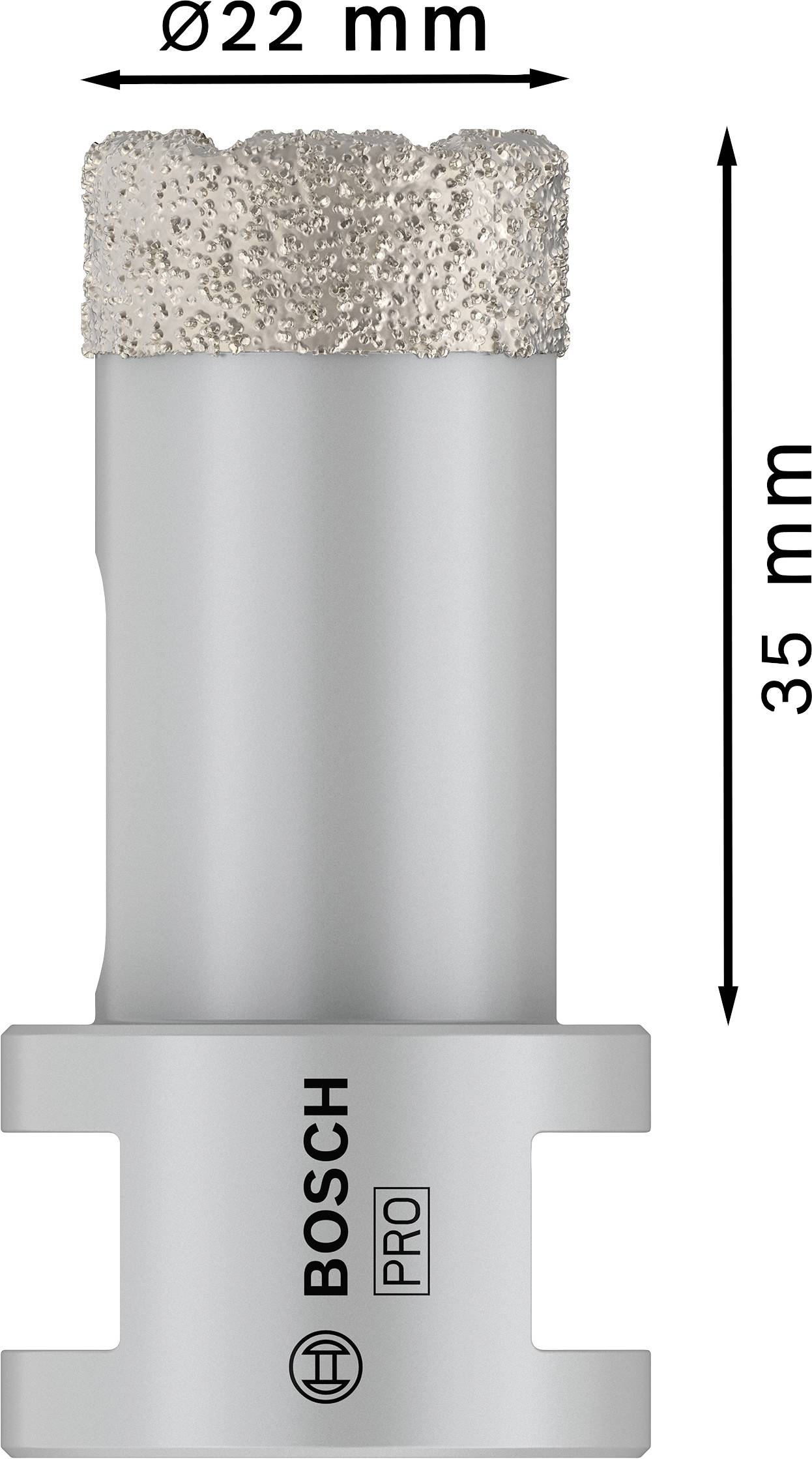 Diamantová vrtacia korunka značky Bosch, priemer 22 mm, výška 35 mm, s logom Bosch a nápisom 'PRO', vhodná pre profesionálne použitie.