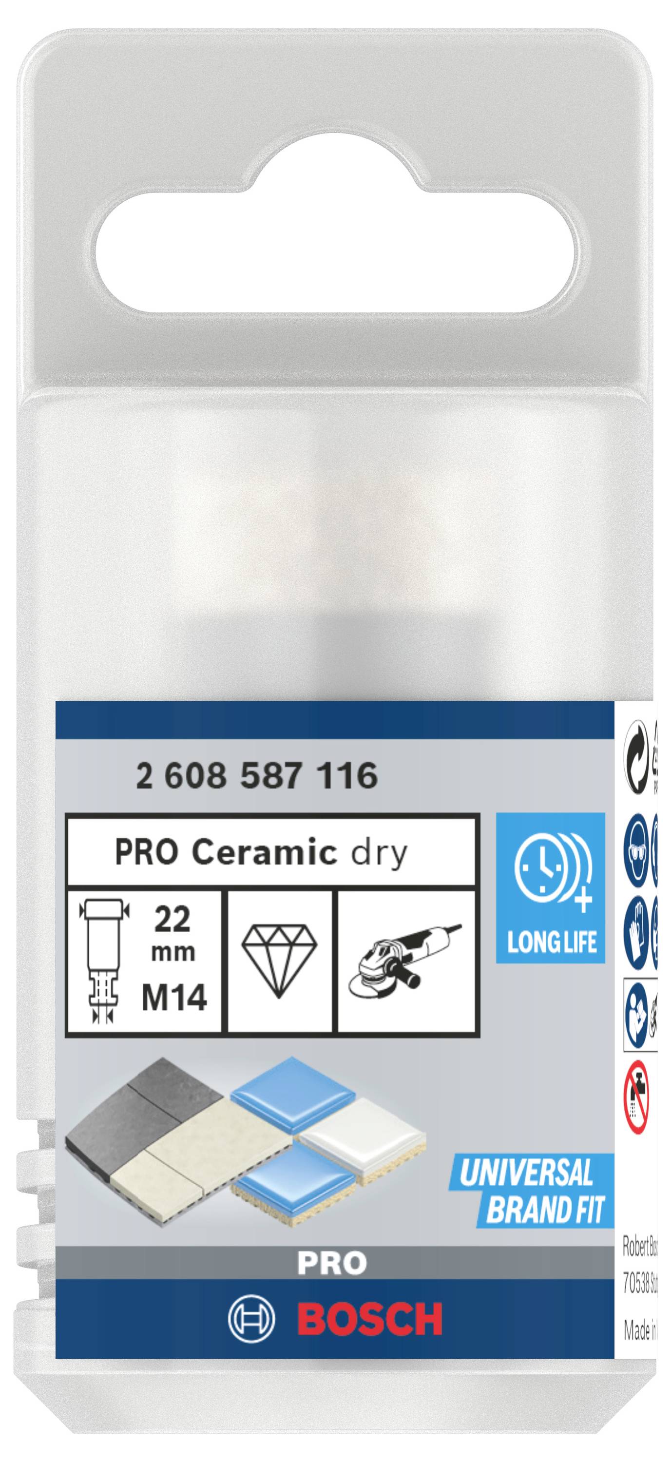 'Bosch PRO Ceramic dry', Vrták na obklady, 22 mm, závit M14, dlhotrvajúci, vhodný pre obklady; Obalový štítok s informáciami o produkte.