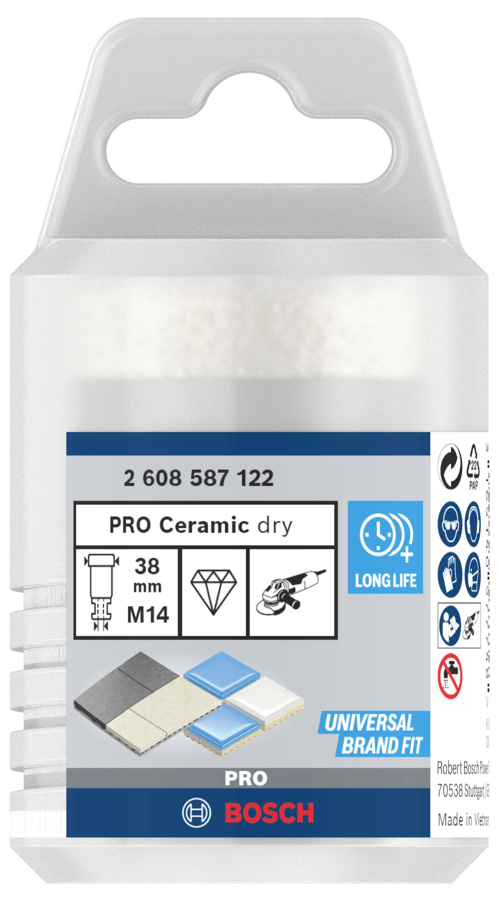 Balenie vrtáka BOSCH PRO Ceramic na suché vŕtanie, priemer 38 mm, M14, zvýraznené symbolmi pre dlhovekosť a univerzálnu kompatibilitu.