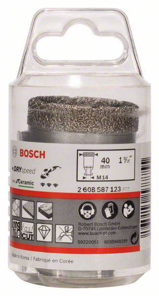 Valcový diamantový vrták Bosch pre suché vŕtanie do keramiky, priemer 40 mm. Balenie zobrazuje technické detaily.