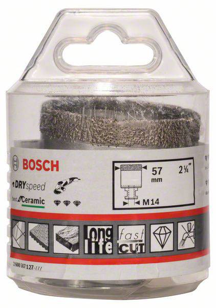 Balenie Bosch suchej vŕtacej korunky s priemerom 57 mm, optimalizovanej pre keramiku. Obsahuje symboly použitia a charakteristík.