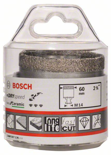'Bosch suchý jadrový vrták, 60 mm, M14, špeciálne pre keramiku, s dlhotrvajúcim a rýchlym rezom. Balenie s rukoväťou.'