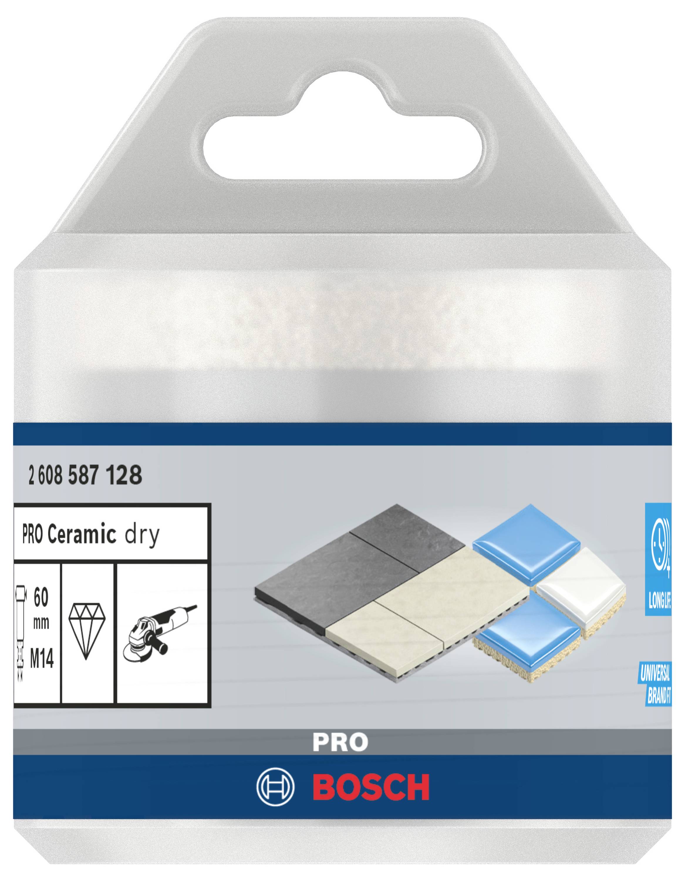 'PRO Ceramic dry' Diamantová vrtacia korunka od Bosch, 60 mm, M14 nadstavec. Balenie s obrázkom: vrtacia korunka vedľa ukážky obkladačiek.