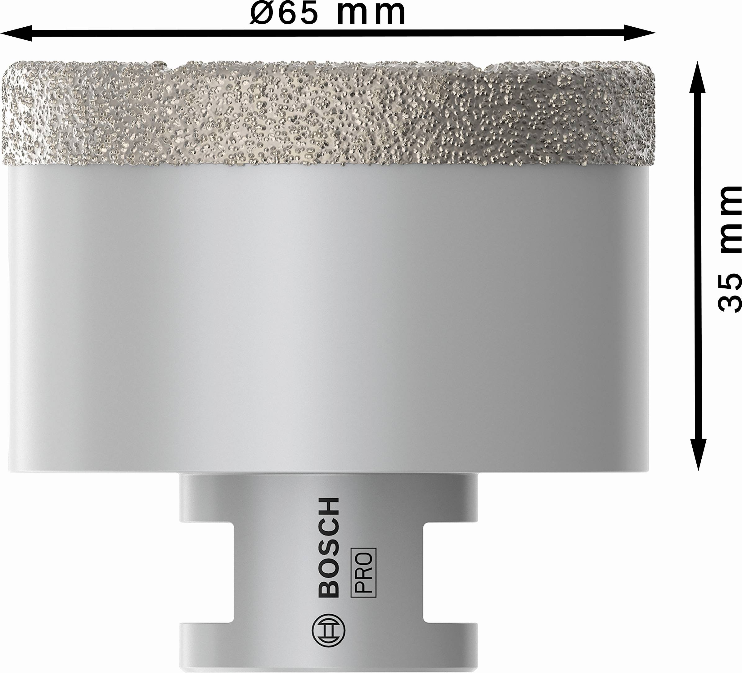Vrtacia korunka s diamantovým povrchom: priemer 65 mm, výška 35 mm. Viditeľné logo značky a označenie 'BOSCH PRO'.