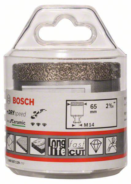 Vŕtacia korunka Bosch pre keramiku, 65 mm, s symbolom dlhej životnosti a rýchleho rezania na obale.