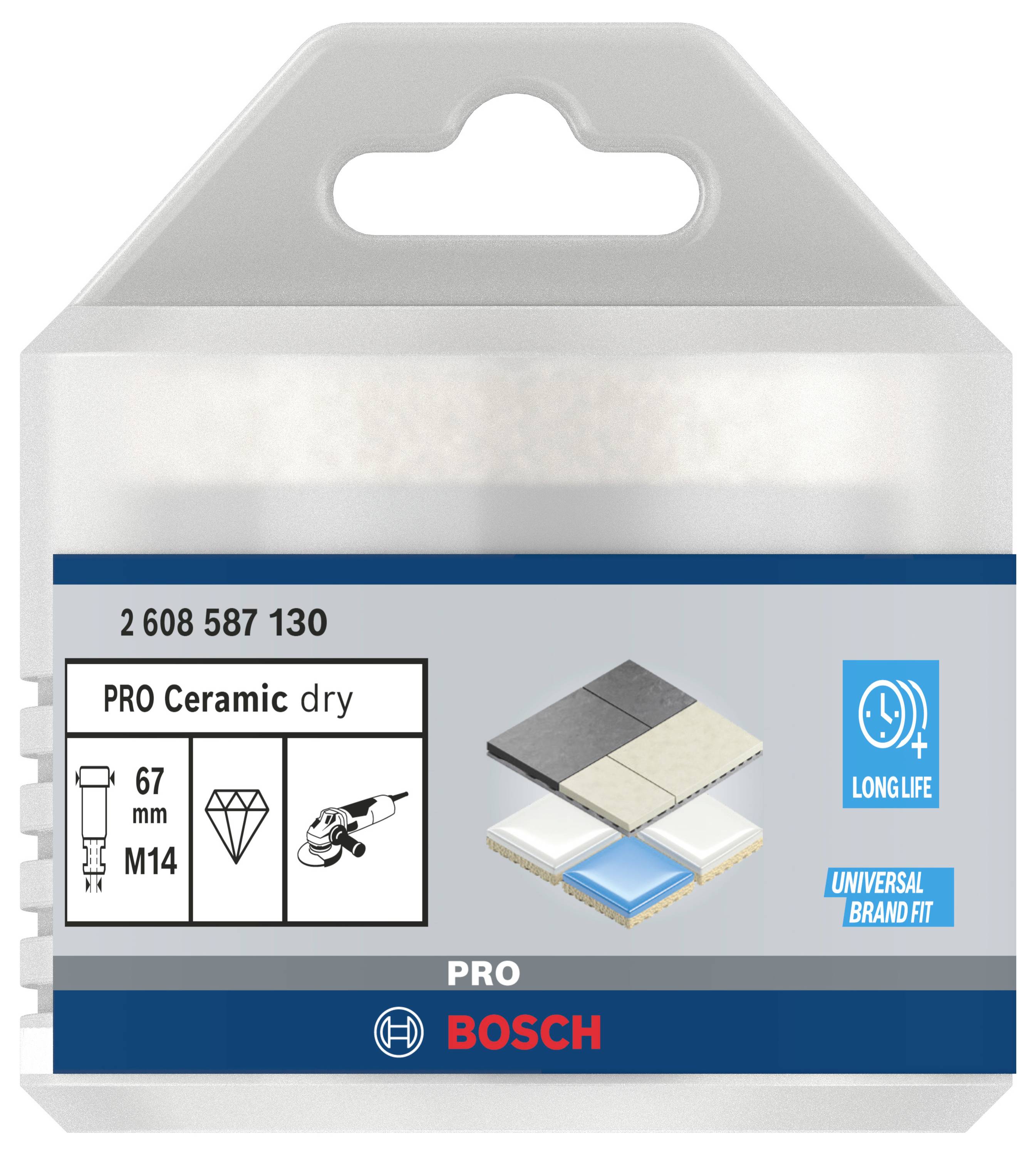 'PRO Ceramic dry' - keramický vrták od Bosch, priemer 67 mm, závit M14, vhodný pre keramiku a obklady, dlhá životnosť.
