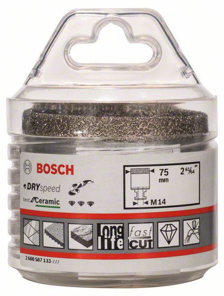 Diamantová vŕtacia korunka Bosch, 75 mm, špeciálne určená na dlaždice. Informácie o značke a produkte na obale.