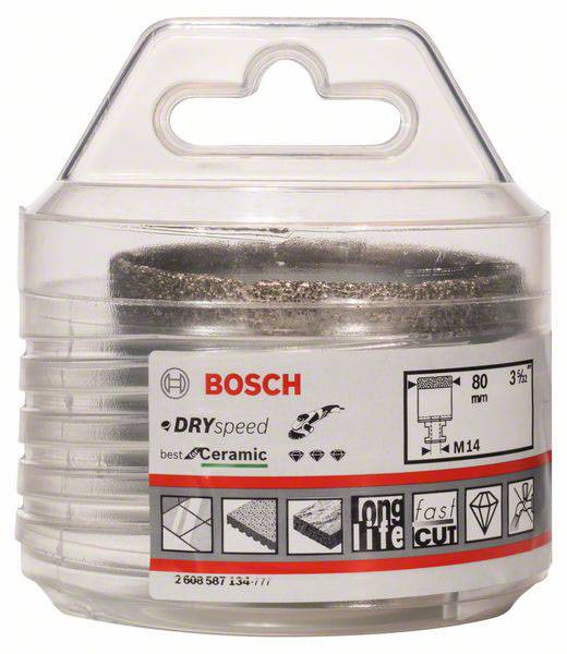 Sada vrtákov v priehľadnom plastovom obale. Vhodná pre keramiku, priemer 80 mm. Logo Bosch a symboly výkonnostných vlastností.