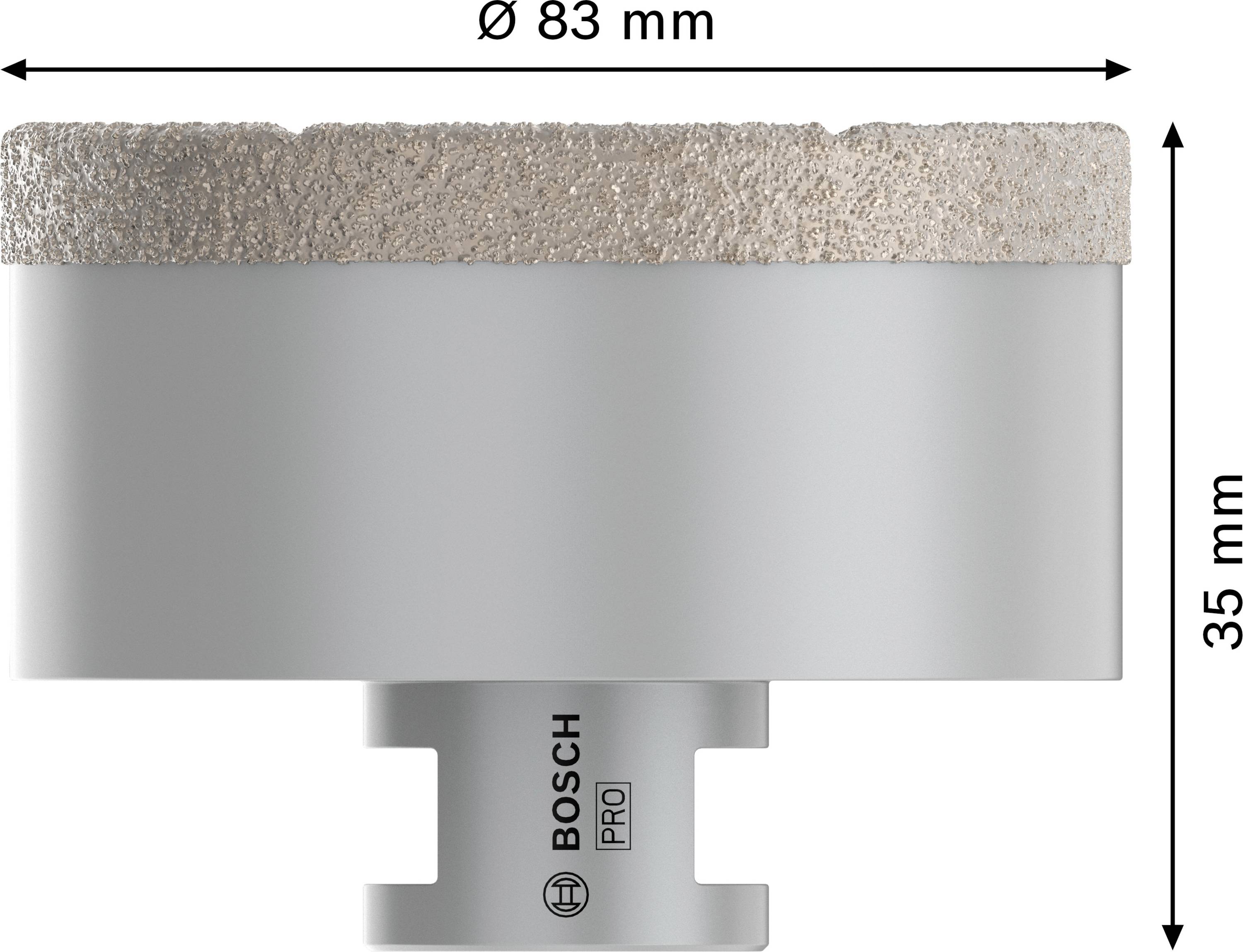 Korunková píla s Ø 83 mm a výškou 35 mm, značka Bosch Pro, detailný záber vrtacej hlavy.
