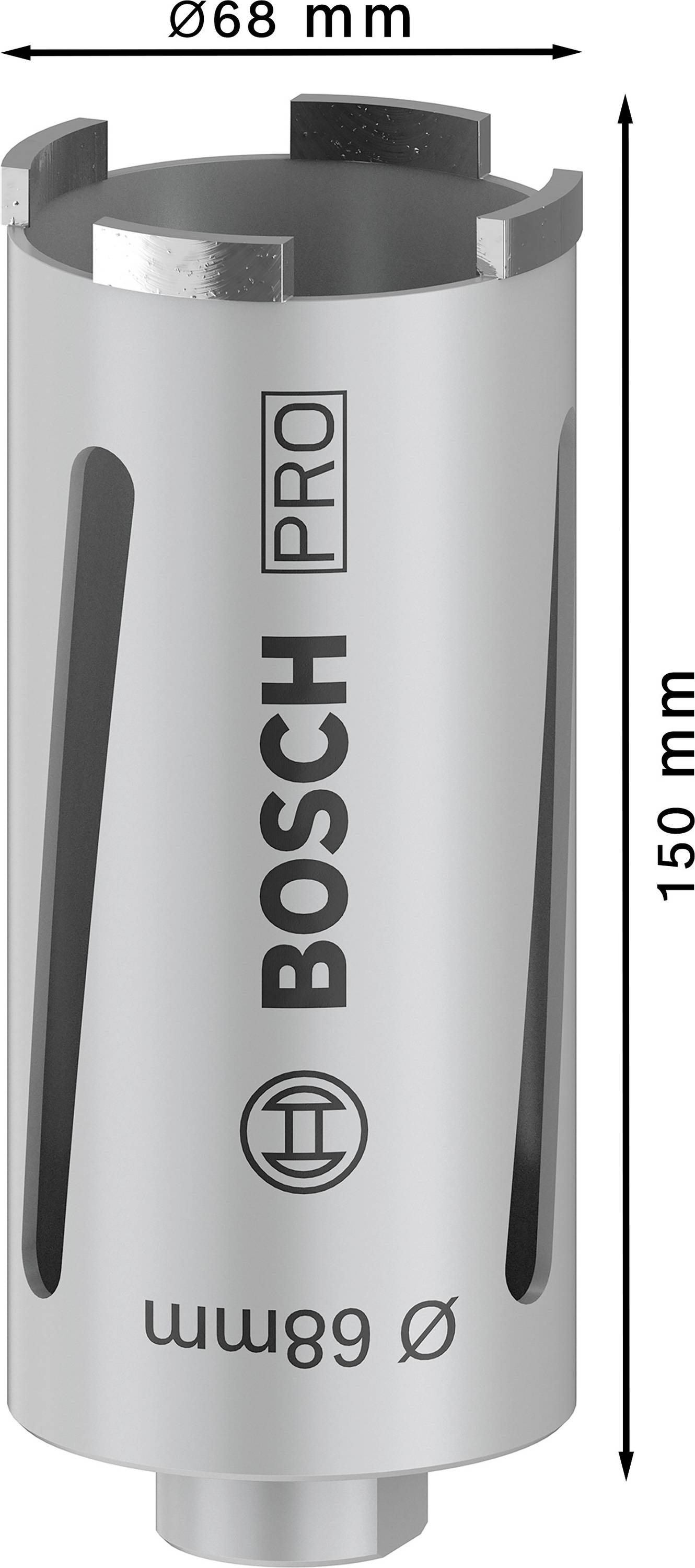 Vrták s priemerom 68 mm a dĺžkou 150 mm. Označenia s 'BOSCH PRO' a logom produktu.