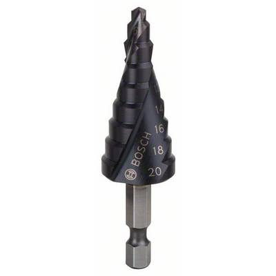 Čierny stupňovitý vrták s veľkostnými označeniami od 4 do 20 mm. Značka 'Bosch' je viditeľne vyrazená.