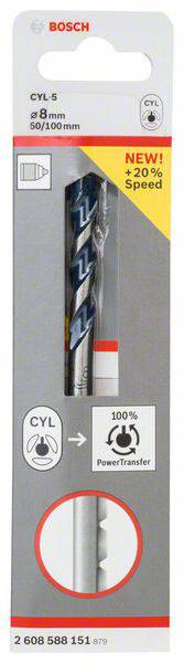Vrták Bosch CYL-5 v balení. Veľkosť: 8 mm, dĺžka: 50/100 mm. Zvýraznené vlastnosti: +20% rýchlosť, 100% prenos sily.