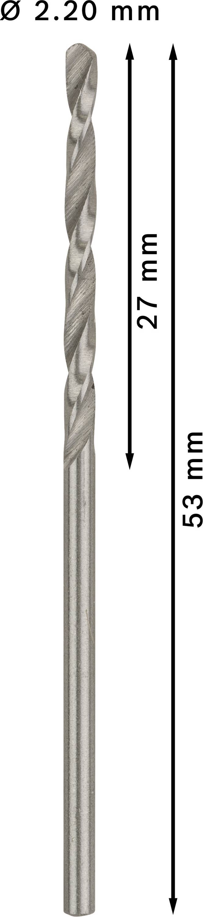 Vrták s priemerom 2,20 mm. Dĺžka reznej časti je 27 mm, celková dĺžka 53 mm.