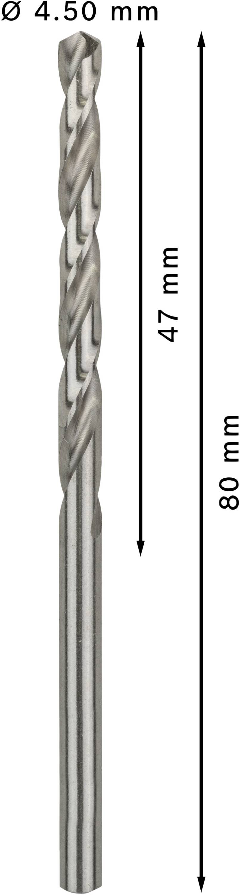 Vrták s Ø 4,50 mm a celkovou dĺžkou 80 mm. Špirálová časť 47 mm.